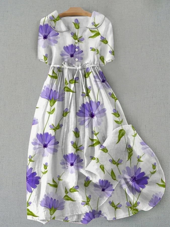 Sage - Vintage floral dress with waist ties and three-quarter sleeves
