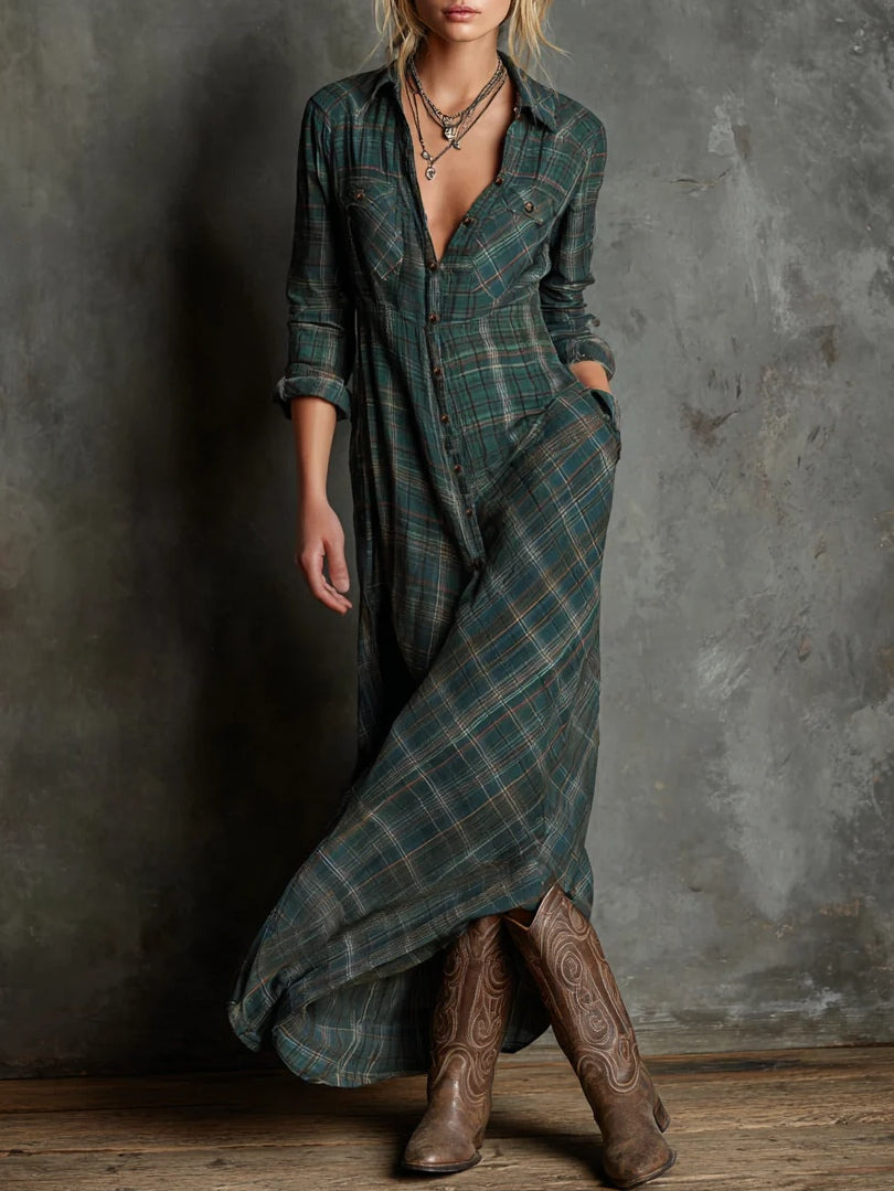Marlowe | Long dress with green checked lapels